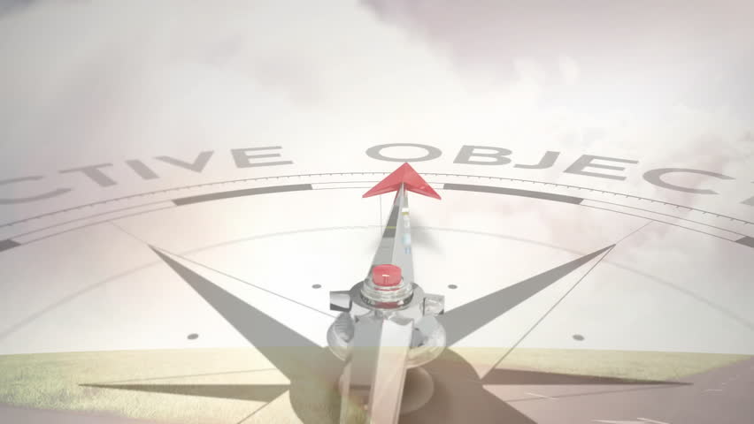 3D compass needle rotating clockwise off OBJECTIVE, fading text, aligning under GOAL to show GOAL. Navigation, direction, progress, achievement, guidance, strategy, ambition