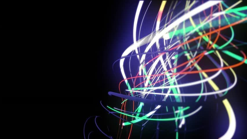 Neon ribbons emerging in void coiling and rotating into sphere as badges joining showing growth. Digital, futuristic, abstract, dynamic, vibrant, technology, data