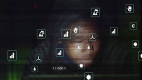 Starting green circuit lines driving data icons pulsing, shifting around man's face during analysis. Technology, innovation, data, cybersecurity, futurism, analytics, environment - Powered by Shutterstock - Get 15% off with code: PIKWIZARD15