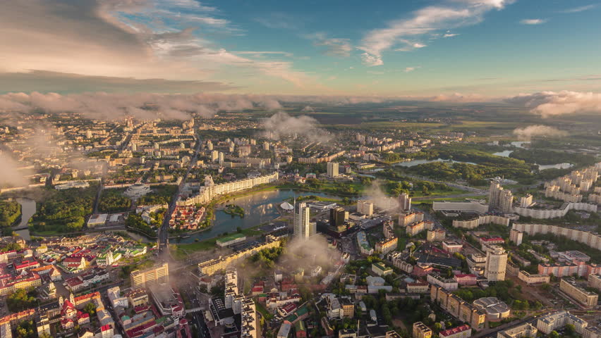 minsk cityscape sunset sunrise aerial center panorama timelapse 4k belarus