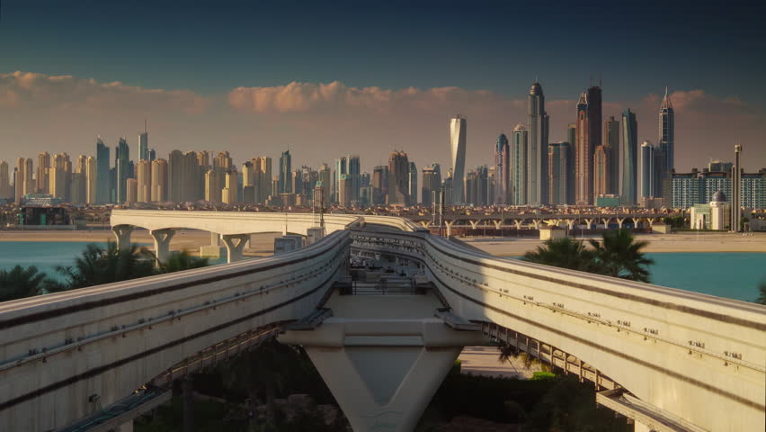 dubai marina city palm metro line sunset panorama 4k timelapse uae