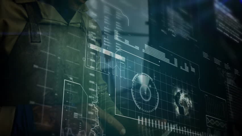 Tech analyst leaning and scanning widget as animated globe map forming dashboard guiding analysis. Futuristic, digital, immersive, high-tech, analytics, data visualization, sci-fi