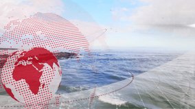 With ocean waves rolling onto rocks, digital globe rotating anticlockwise revealing Asia Pacific. Seascape, technology, global, digital, expansion, innovation, connectivity - Powered by Shutterstock - Get 15% off with code: PIKWIZARD15