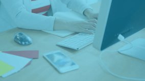 Office woman beginning typing on keyboard and tracking rising tech notification icons filling desk. Productivity, digital, interface, workspace, modern, engagement, technology - Powered by Shutterstock - Get 15% off with code: PIKWIZARD15