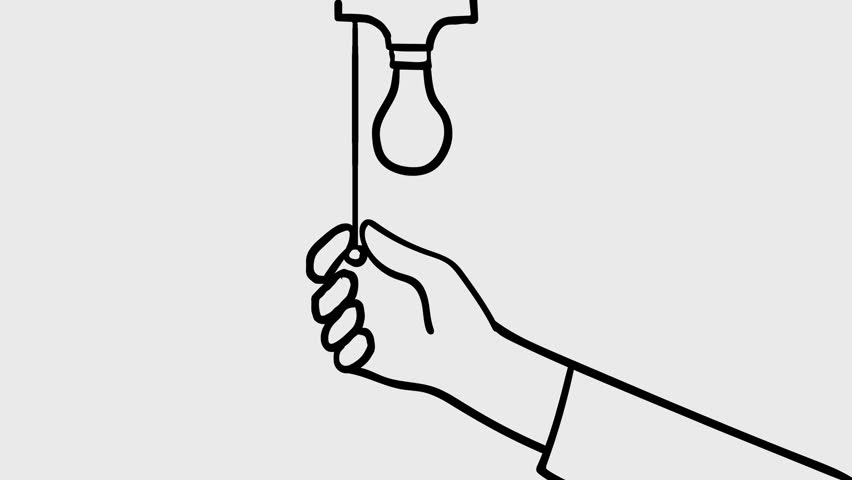 2d Animation cartoon character drawing of a human hand pulling pull switch light bulb fixture to turn on and off on white, black and green screen in 4k ultra-high-definition.
