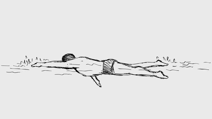 2d Animation cartoon character drawing of a swimmer swimming freestyle stroke or front crawl side view on white, black and green screen in 4k ultra-high-definition.