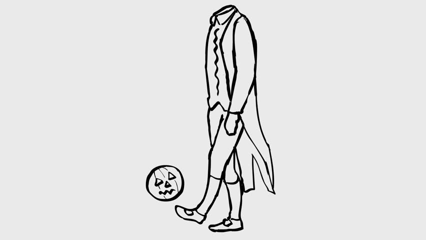 2d Animation cartoon character drawing of a headless man or horseman juggling pumpkin head with foot, keepie uppie or kick-ups on white, black and green screen in 4k ultra-high-definition.