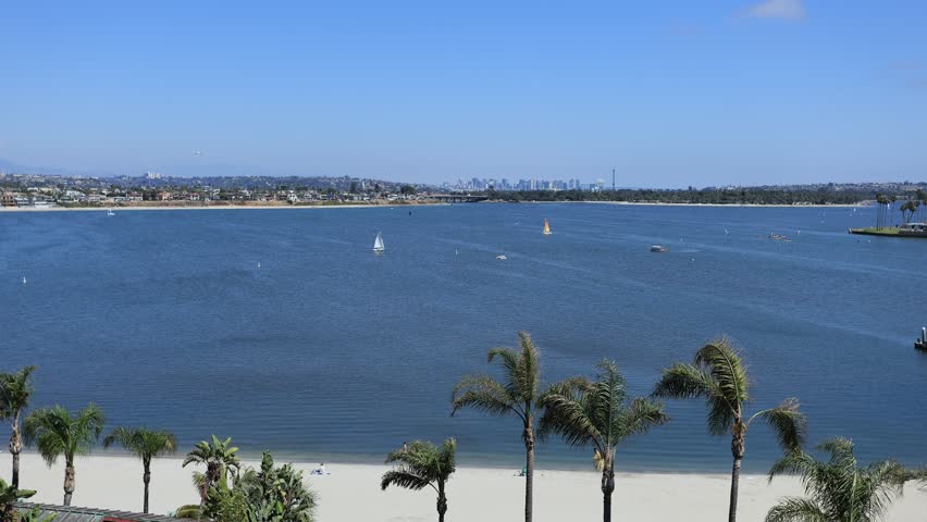 Sail bay full of catamarans and yachts in warm and calm waters, San Diego, California