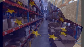 EU flag fading and swirling starting worker boarding pallet truck and driving toward loading area. Industrial, logistics, transportation, warehouse, efficiency, organization, industrial design - Powered by Shutterstock - Get 15% off with code: PIKWIZARD15