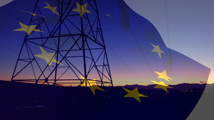 At dusk, EU flag drifting across steel lattice tower silhouette to show European unity. Monument, nationalism, silhouette, convergence, sovereignty, harmony, landscape