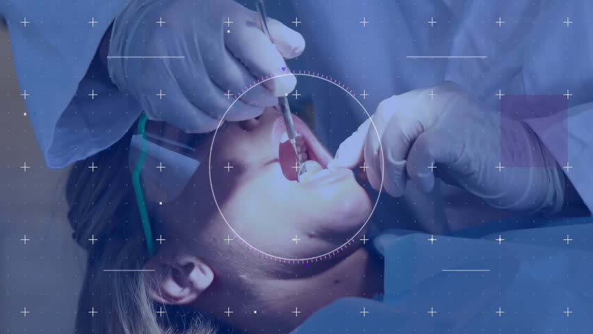 Dentist placing mirror and probe on patient reclining as dental HUD guiding exam while suctioning. Dentalcare, healthcare, medical, clinical, dentistry, examination, hygiene