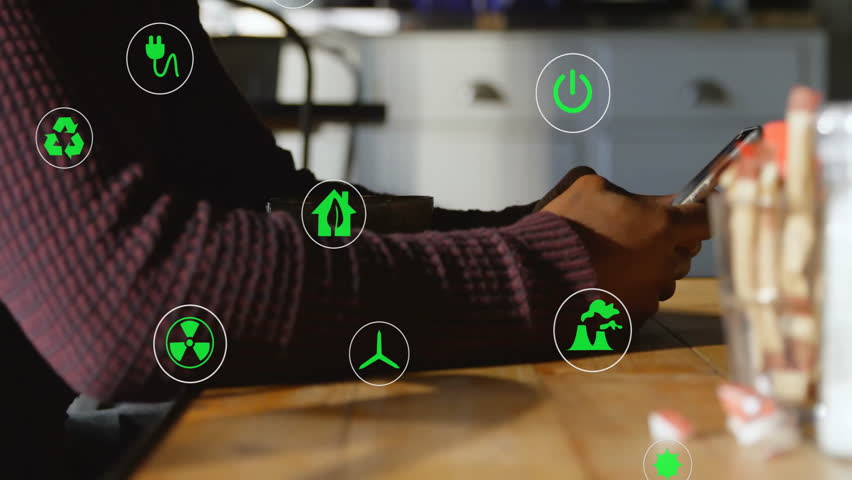 Man tapping smartphone over table activating energy app rotating clock dial and pulsing green icons. Futuristic, technology, innovation, sustainability, digital, interface, eco-friendly - Powered by Shutterstock - Get 15% off with code: PIKWIZARD15