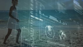 Digital interface materializing triggers woman walking beach passing holograms showing data flow. Futuristic, technology, innovation, data visualization, coastal, serenity, analytics - Powered by Shutterstock - Get 15% off with code: PIKWIZARD15