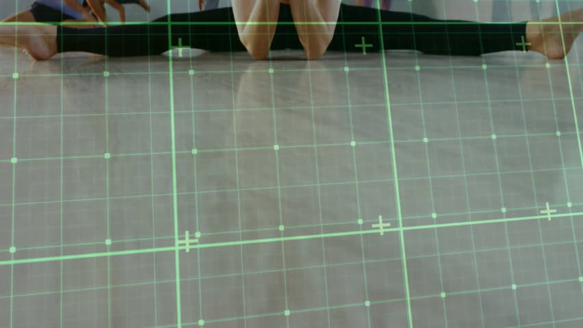 Grid overlay scrolling in leading fitness class warming with central woman gliding into front split. Wellness, flexibility, training, anatomy, motion, performance, motivation