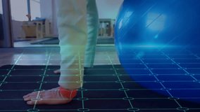 Senior woman pressing stability ball starting hologram grid tracking balance for fitness tech test. Elderly, wellness, digital, innovation, exercise, health, motion - Powered by Shutterstock - Get 15% off with code: PIKWIZARD15