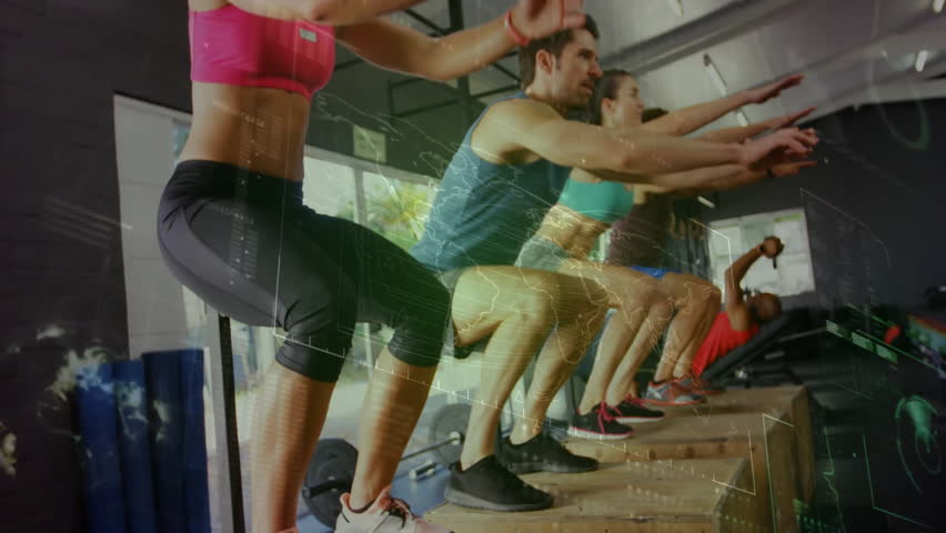 Fitness group in gym on signal, performing box jumps, dumbbell presses as animated counters guiding. Athleticism, teamwork, strength, coordination, vibrant, dynamic, motivation