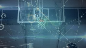 Entering right, yellow jersey player joining blue opponent under hoop mapping sports analytics. Sports, competition, teamwork, analysis, biomechanics, training, performance - Powered by Shutterstock - Get 15% off with code: PIKWIZARD15