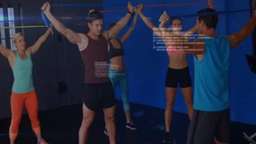 Fitness instructor guiding five exercisers doing band squats code panel becoming wireframe globe. Group exercise, fitness training, digital technology, immersive workout, collaborative fitness, modern - Powered by Shutterstock - Get 15% off with code: PIKWIZARD15
