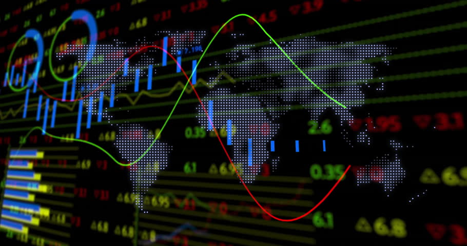 On start dotted map showing candlestick updating and trend lines waving to show market trends. Finance, analytics, data visualization, dashboard, technology, business, digital