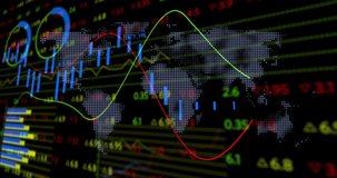 On start dotted map showing candlestick updating and trend lines waving to show market trends. Finance, analytics, data visualization, dashboard, technology, business, digital - Powered by Shutterstock - Get 15% off with code: PIKWIZARD15