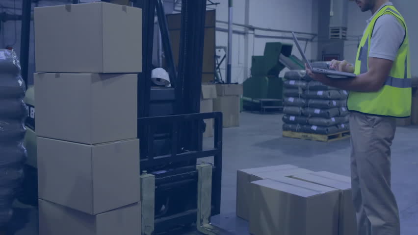 Warehouse worker tapping tablet by forklift and activating network overlay for inventory tracking. Industrial, logistics, connectivity, technology, safety, automation, efficiency - Powered by Shutterstock - Get 15% off with code: PIKWIZARD15