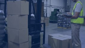 Warehouse worker tapping tablet by forklift and activating network overlay for inventory tracking. Industrial, logistics, connectivity, technology, safety, automation, efficiency - Powered by Shutterstock - Get 15% off with code: PIKWIZARD15