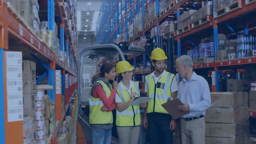 Supervisor guiding warehouse team tracking boxes while worker tapping tablet spawning node map. Logistics, supply chain, teamwork, digital technology, industrial, warehouse management, data analytics - Powered by Shutterstock - Get 15% off with code: PIKWIZARD15