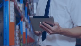 Man tapping tablet in warehouse forming expanding user icon network highlighting logistics flow. Technology, connection, network, digital, corporate, communication, data - Powered by Shutterstock - Get 15% off with code: PIKWIZARD15