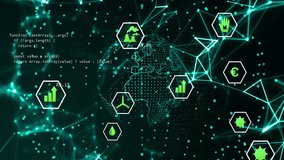 Code scrolling causing globe rotating as sustainability icons animating values for visualization. Interactive, data, visualization, technology, futuristic, analytics, environmental - Powered by Shutterstock - Get 15% off with code: PIKWIZARD15
