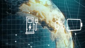 Charging icon popping, battery percent rising, falling with Eco over Earth grid showing energy flow. Sustainability, technology, connectivity, innovation, digital, environment, future - Powered by Shutterstock - Get 15% off with code: PIKWIZARD15