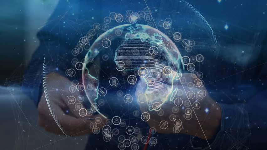 Tech specialist gesturing creating holographic globe with pulsing network icons zooming into Africa. Holography, connectivity, innovation, digital, futuristic, interface, analytics - Powered by Shutterstock - Get 15% off with code: PIKWIZARD15