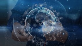 Tech specialist gesturing creating holographic globe with pulsing network icons zooming into Africa. Holography, connectivity, innovation, digital, futuristic, interface, analytics - Powered by Shutterstock - Get 15% off with code: PIKWIZARD15