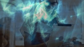 Glowing energy field fading, revealing barista using tablet and checking orders in kitchen. Futuristic, technology, innovation, interior, workspace, focused, modern - Powered by Shutterstock - Get 15% off with code: PIKWIZARD15