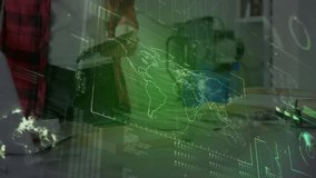 Woman tapping tablet and updating holographic world map while analyzing data in tech office. Futuristic, innovation, technology, data visualization, professional, digital interface, workspace - Powered by Shutterstock - Get 15% off with code: PIKWIZARD15