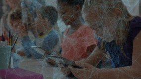 Children receiving lesson prompt tapping tablets in classroom, teacher observing interaction. Education, technology, learning, classroom, students, digital, collaboration - Powered by Shutterstock - Get 15% off with code: PIKWIZARD15