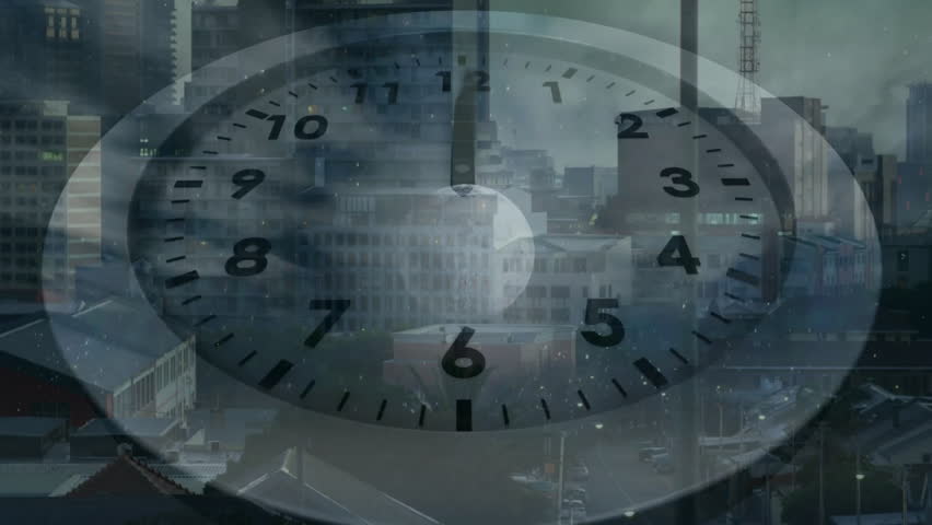 Clock hands starting near morning moving through day into night, showing man silhouette working. Time lapse, urban, productivity, silhouette, dynamic, professional, environmental
