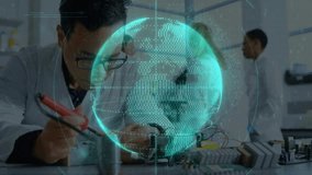 Male engineer picking iron soldering board in tech lab, globe rotating code activating system. Technology, innovation, engineering, digital, futuristic, collaboration, precision - Powered by Shutterstock - Get 15% off with code: PIKWIZARD15