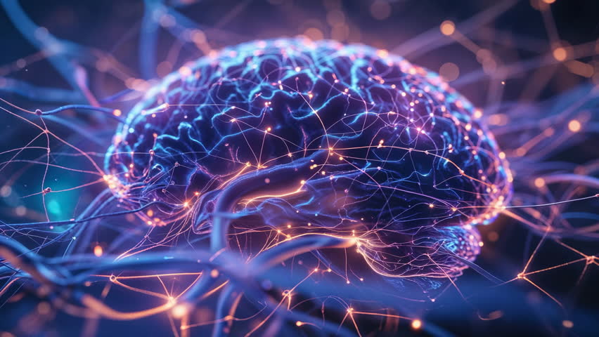 Fading in 3D brain model pulsing neural filaments in dark void, with glowing electrical pulses. Neural, innovation, technology, digital, circuitry, science, AI-generated