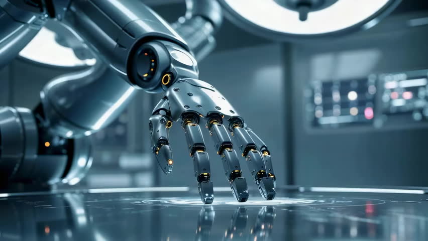 Articulated robotic arm responding to blue glow in lab, scanning holographic interface above table. Futuristic, technology, innovation, interface, automation, robotics, AI-generated - Powered by Shutterstock - Get 15% off with code: PIKWIZARD15