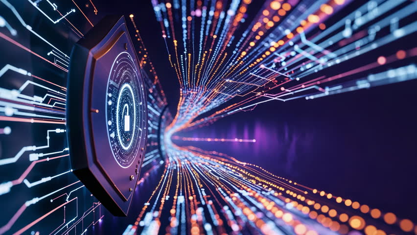 Pulsing shield emitting vibrant circuitry streams through purple void with padlock icon, copy space. Cybersecurity, data protection, digital security, blockchain, encryption, futuristic, AI-generated