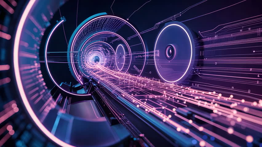 Playback starting virtual camera dollying through neon-lit tunnel, revealing glowing data streams. Futuristic, cyber, digital, immersive, technology, sleek, AI-generated