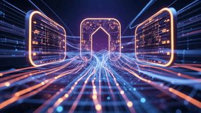 Camera moving forward along digital grid, sending glowing data streams racing toward home panel. Futuristic, technology, innovation, cyber, digital, neon, AI-generated - Powered by Shutterstock - Get 15% off with code: PIKWIZARD15