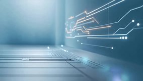 Loop restarting camera panning across circuit panel inside digital chamber with lights, wall nodes. Futuristic, technology, innovation, digital, neon, cyber, AI-generated - Powered by Shutterstock - Get 15% off with code: PIKWIZARD15