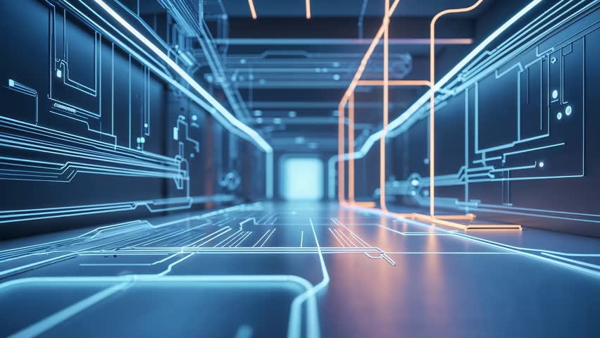 Advancing digital corridor through neonlit tunnel, with electric blue floor and glowing portal. Futuristic, cyberpunk, immersive, technology, digital, vibrant, AI-generated