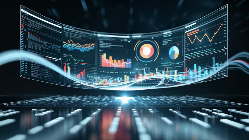 Tracking camera over backlit keyboard curved panel sliding at control hub with bar graphs animating. Technology, futurism, data visualization, digital interface, virtual environment, analytics,