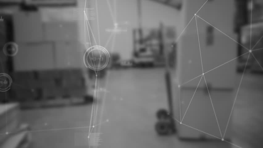 Warehouse filter fading out launching network expanding over pallets linking forklift inventory. Technology, logistics, automation, data, industrial, innovation, supply chain