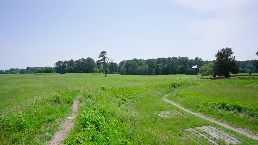 Wide view of the open grassy fields at historic Yorktown Battlefield in Virginia.