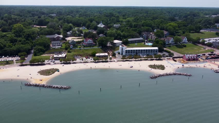 Yorktown, Virginia aerial cinematic video of the waterfront, beaches, marina, and surrounding buildings along the York River.