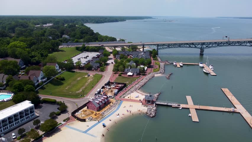 Yorktown, Virginia aerial cinematic video of the waterfront, beaches, marina, and surrounding buildings along the York River.
