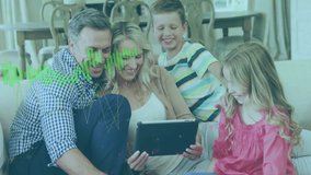 Mother tapping tablet while father supporting arm, son leaning, daughter watching financial graphs. Family, technology, leisure, lifestyle, connection, communication, digital - Powered by Shutterstock - Get 15% off with code: PIKWIZARD15